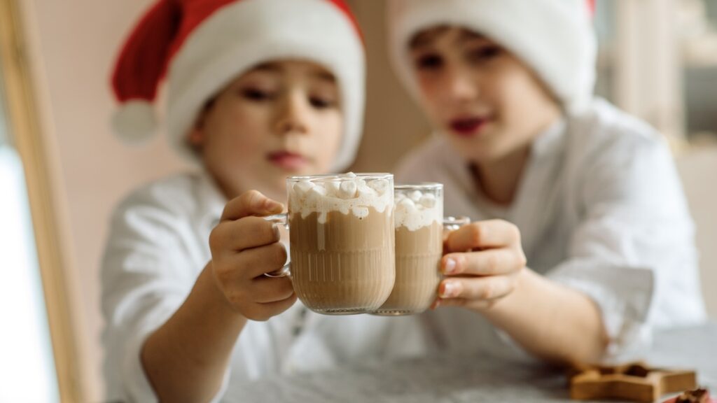 Two brothers wearing Christmas hats drink hot chocolate together