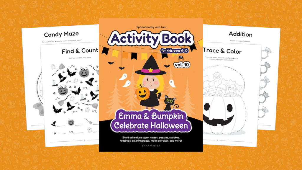 Fall Seasonal Printable Activities, Emma Walter, Autumn Activity Book, Halloween, Emma & Bumpkin Celebrate Halloween, Mazes, Puzzles, Sudokus, Word Search, Math Exercises