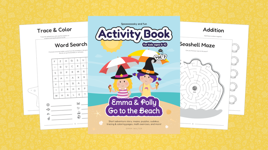 Summer Activity Book, Emma & Polly Go to the Beach, Emma Walter, Mazes, Puzzles, Sudokus, Word Search, Math Exercises